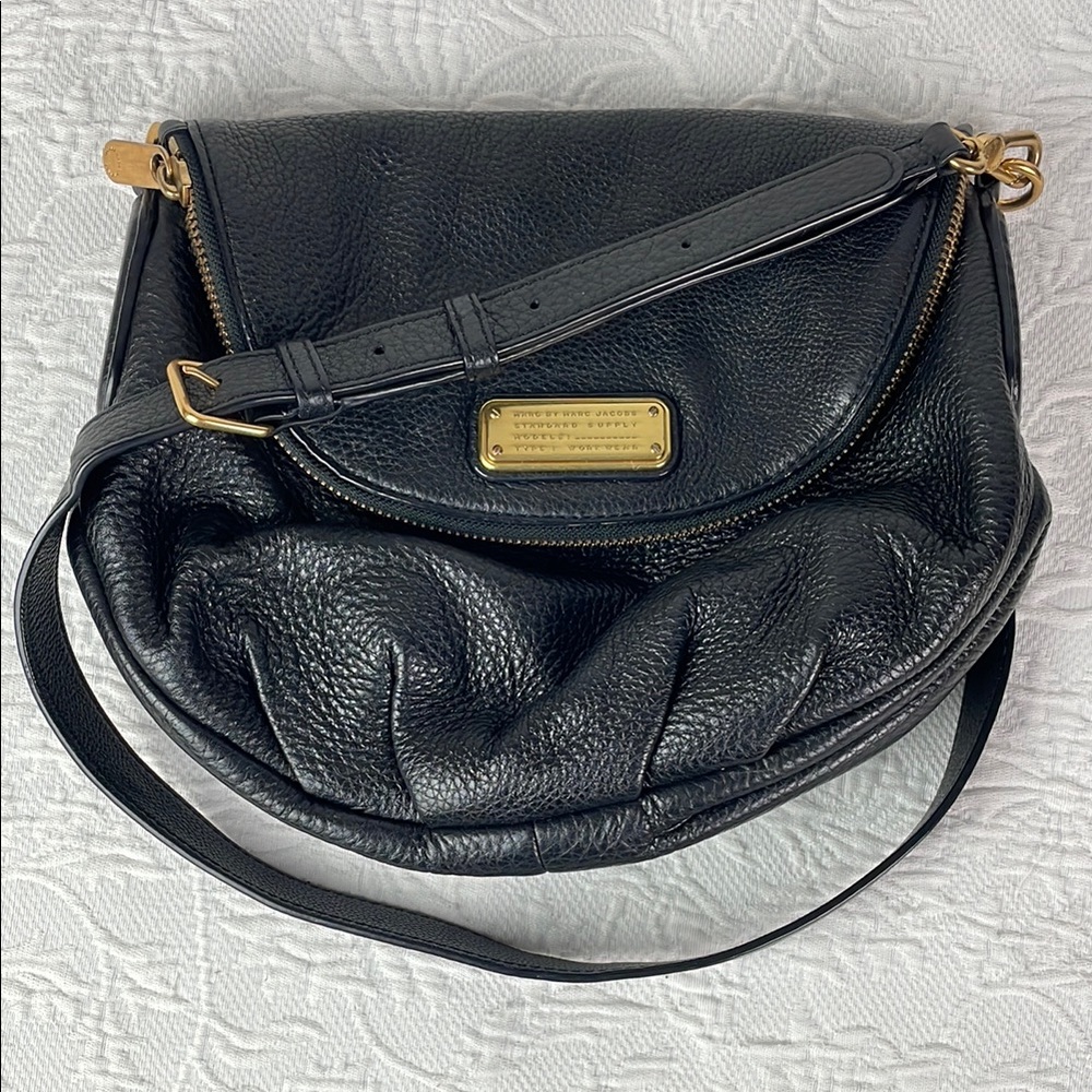 Marc by Marc Jacob’s Chic Black Leather Crossbody Bag Brass Accents Zip Closure
